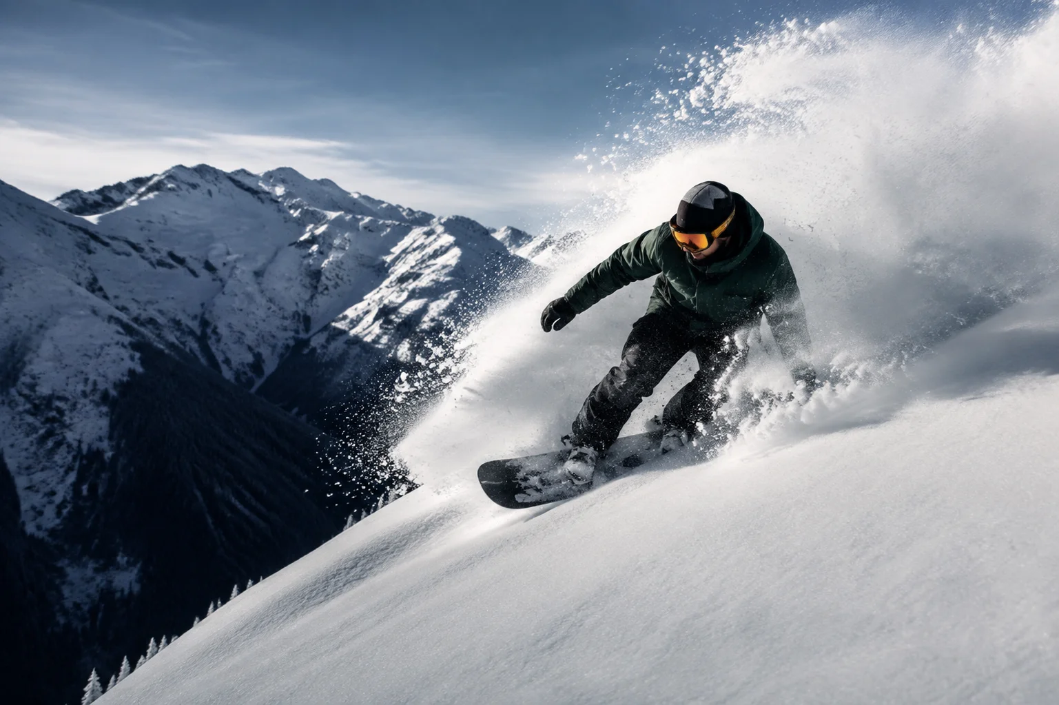 A snowboarder carving through fresh powder beneath an alpine ridgeline